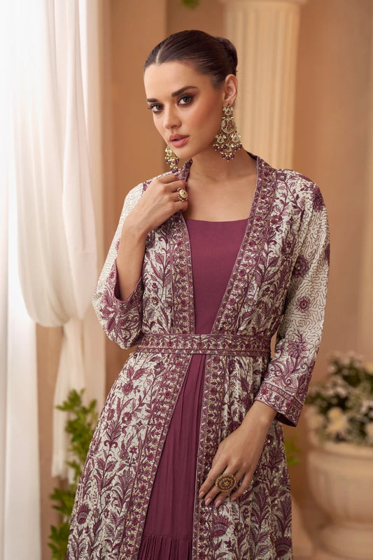 Purple & White Chinon Embroidered Gown with Shrug