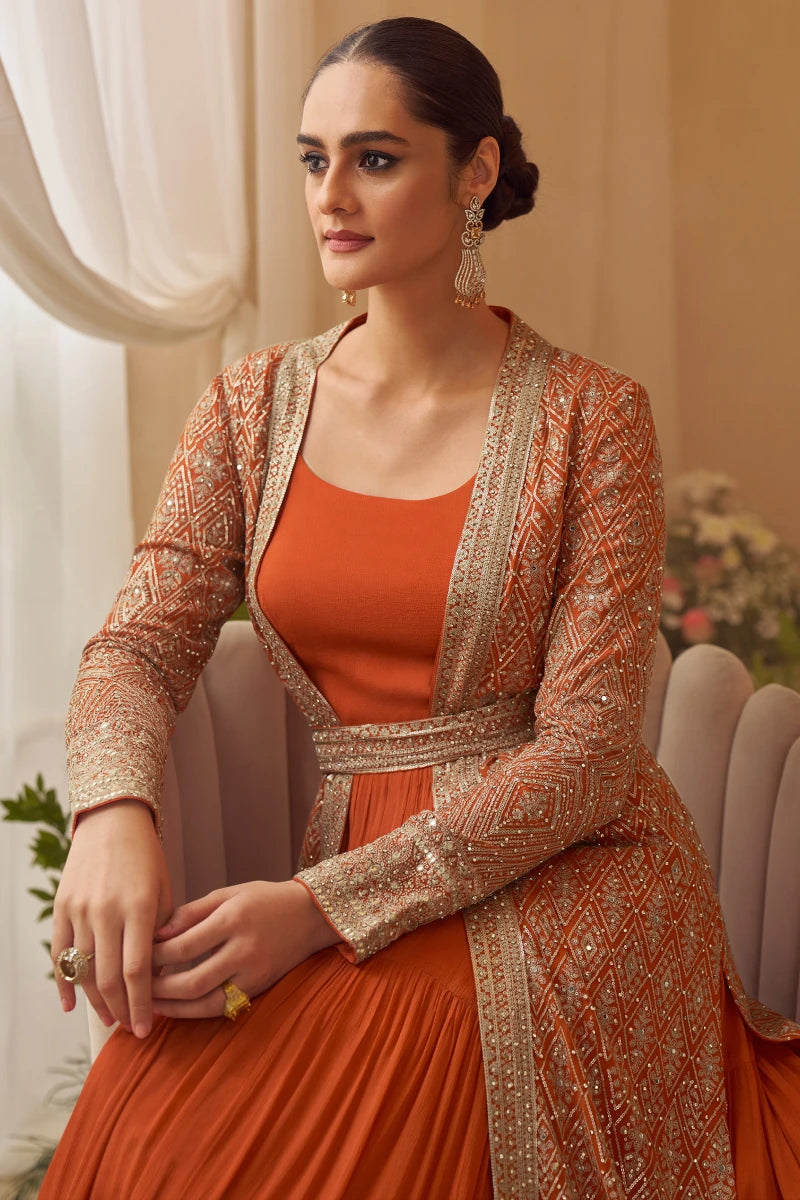 Orange Chinon Embroidered Gown with Shrug
