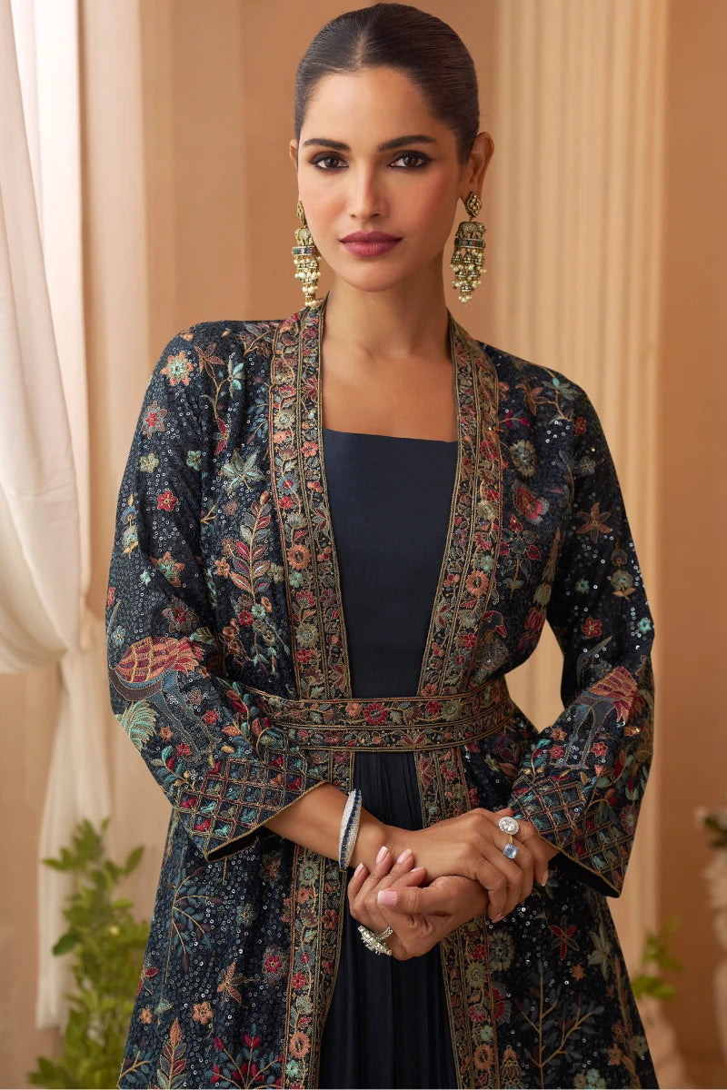 Navy Blue Chinon Embroidered Gown with Shrug