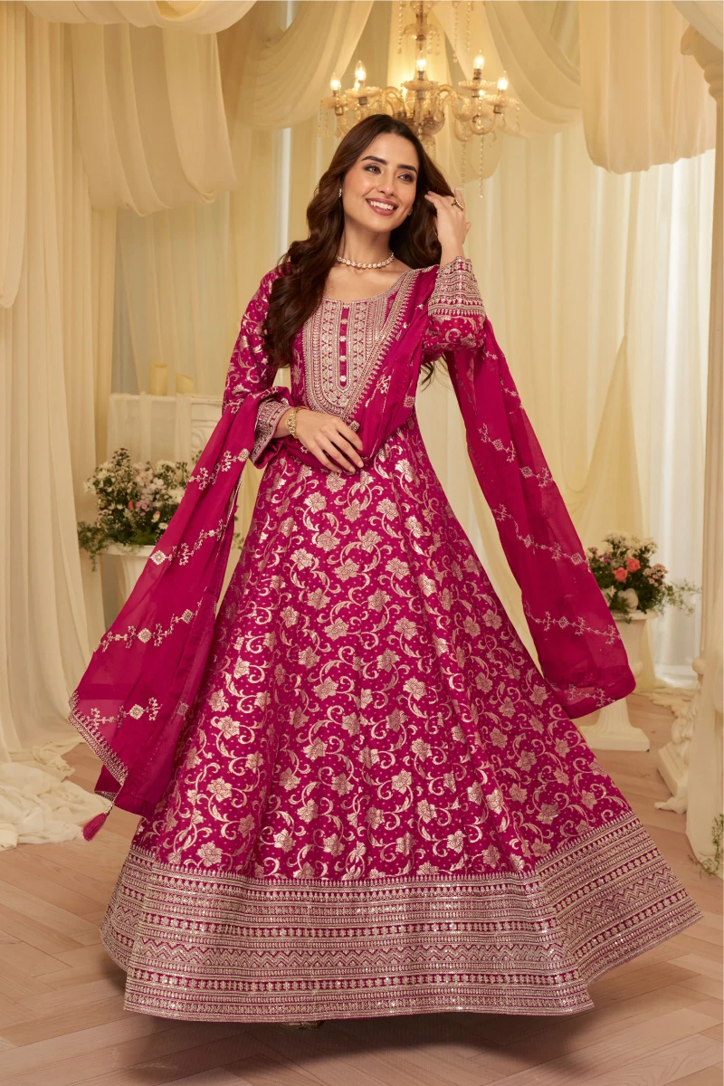 Rani Pink Jacquard Silk Embroidered Anarkali Gown