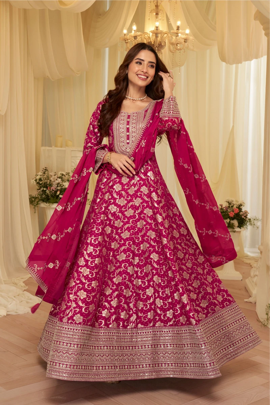 Rani Pink Jacquard Silk Embroidered Anarkali Gown