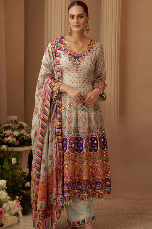 Multicolor Embroidered Crepe Palazzo Suit