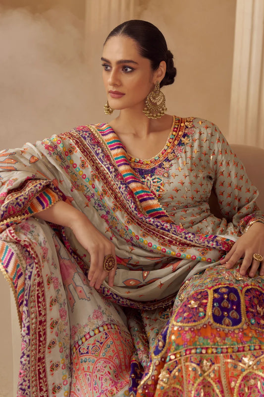 Multicolor Embroidered Crepe Palazzo Suit