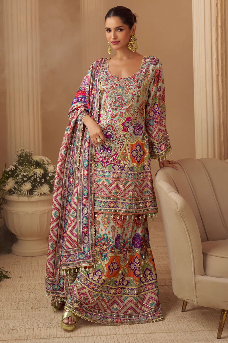 Multicolored Embroidered Crepe Palazzo Suit