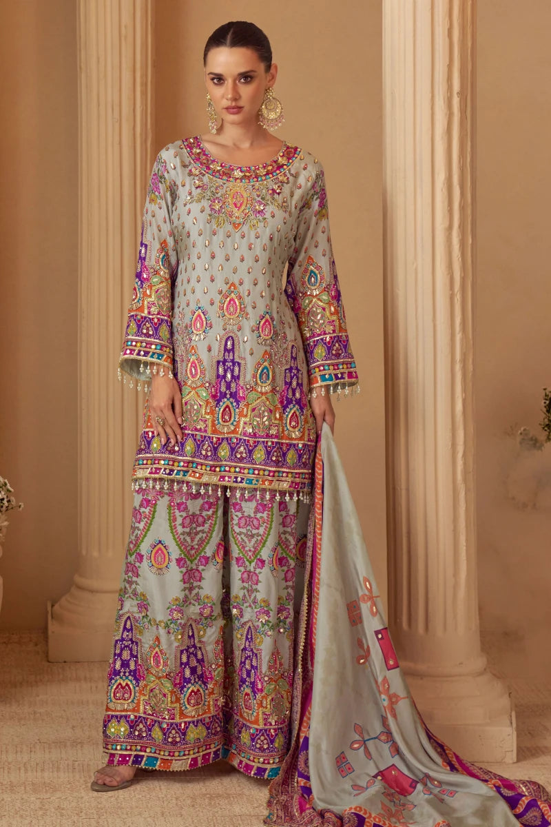 Multicolored Crepe Embroidered Palazzo Suit