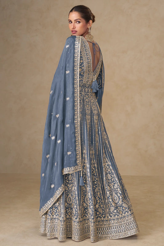 Blue Chinon Embroidered Slit Style Anarkali Suit
