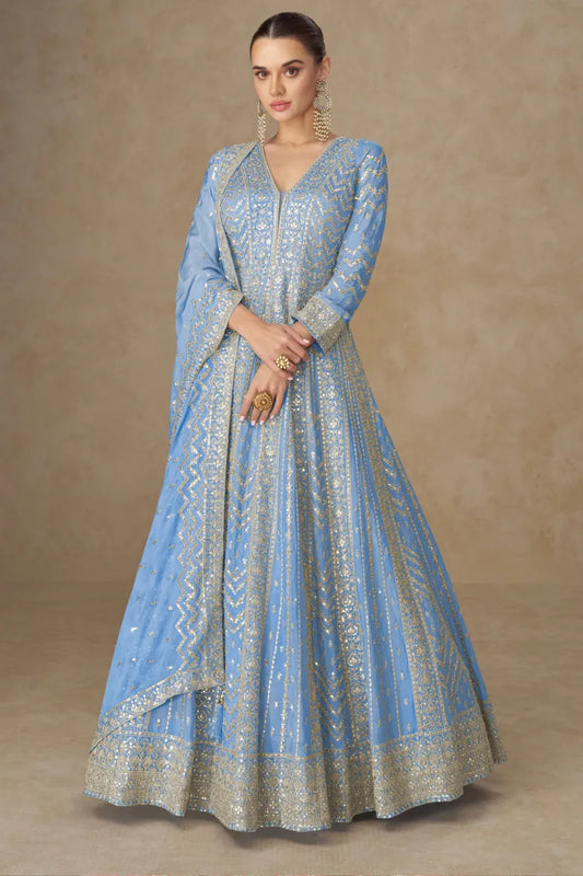 Light Blue Chinon Heavy Embroidered Anarkali Gown