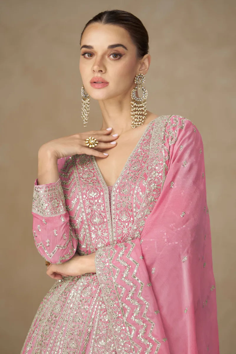 Rose Pink Chinon Heavy Embroidered Anarkali Gown