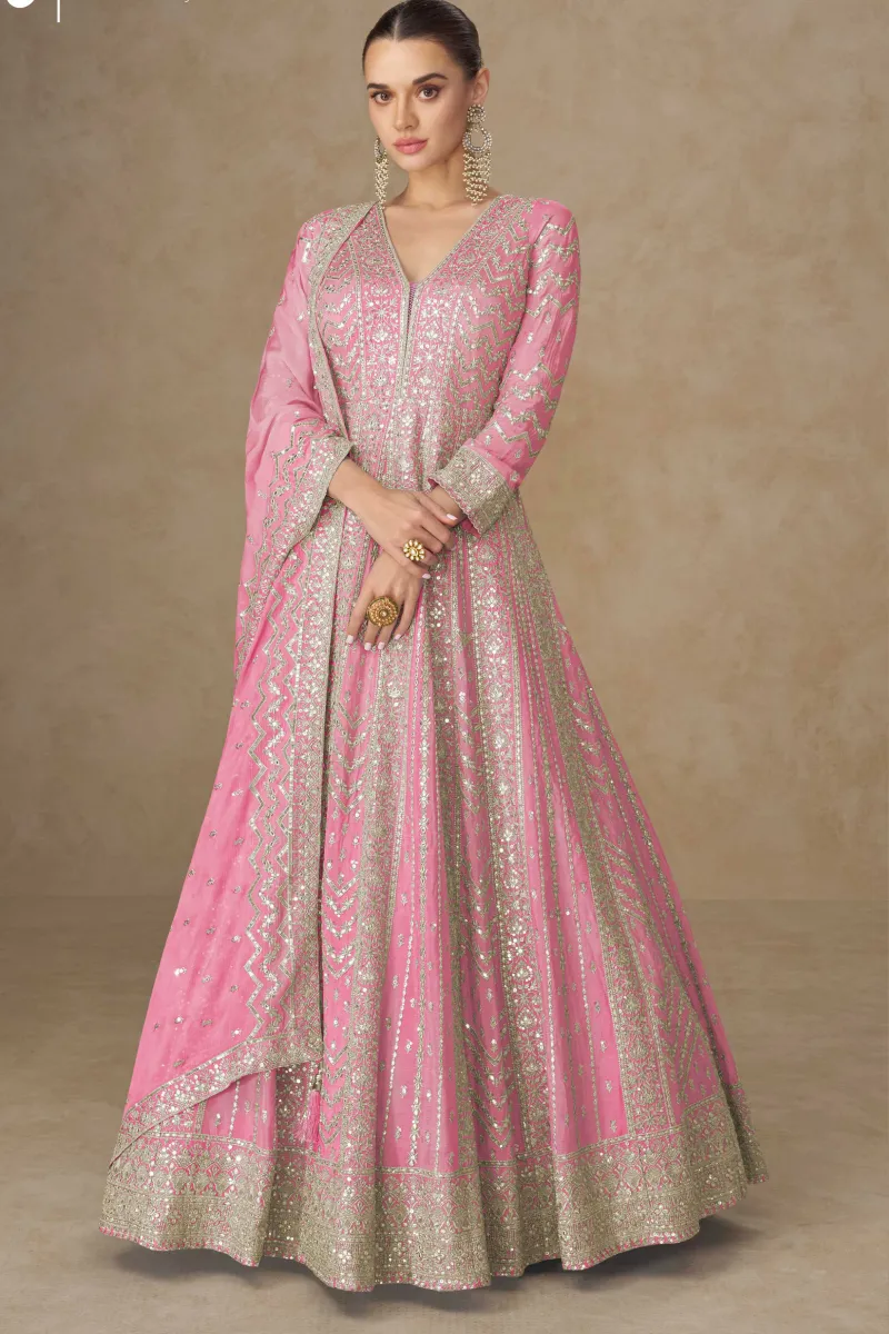 Rose Pink Chinon Heavy Embroidered Anarkali Gown