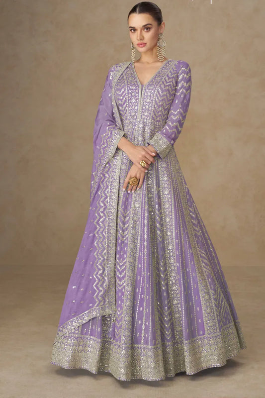 Lavendar Chinon Heavy Embroidered Anarkali Gown