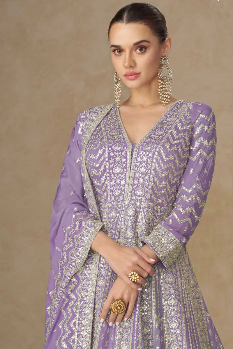 Lavendar Chinon Heavy Embroidered Anarkali Gown