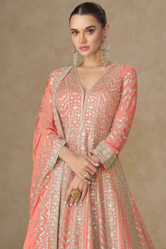 Peach Chinon Heavy Embroidered Anarkali Gown