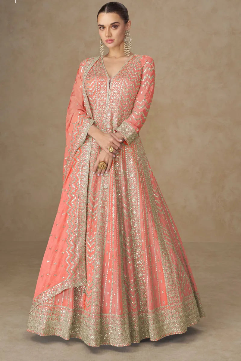 Peach Chinon Heavy Embroidered Anarkali Gown