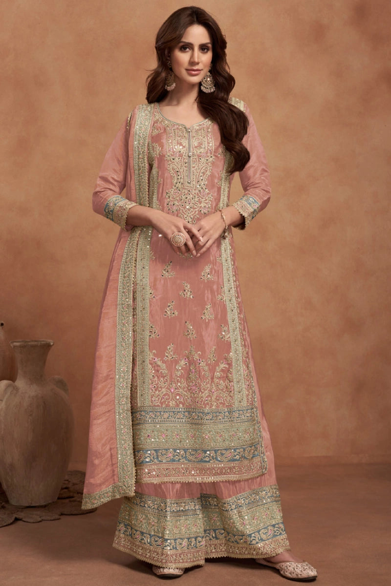 Gajari Peach Art Silk Embroidered Palazzo Suit