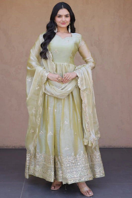 Olive Green Pheny Silk Embroidered Anarkali Gown 