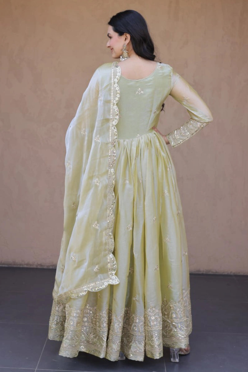 Olive Green Pheny Silk Embroidered Anarkali Gown