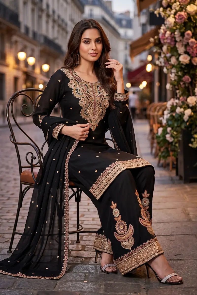 Black Premium Chinon Embroidered & Beads Palazzo Suit