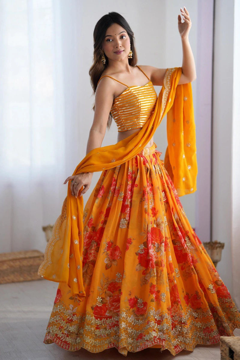 Orange Georgette Embroidered Lehenga Choli with Jacket