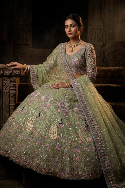 Olive Green Net Peacock Embroidered Lehenga Choli