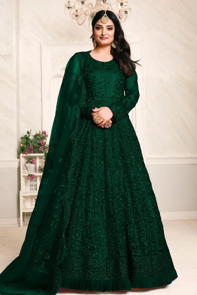 Green Net Embroidered Party Wear Gown