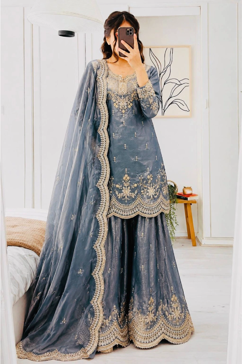 Grey Fendy Silk Embroidered Palazzo Suit