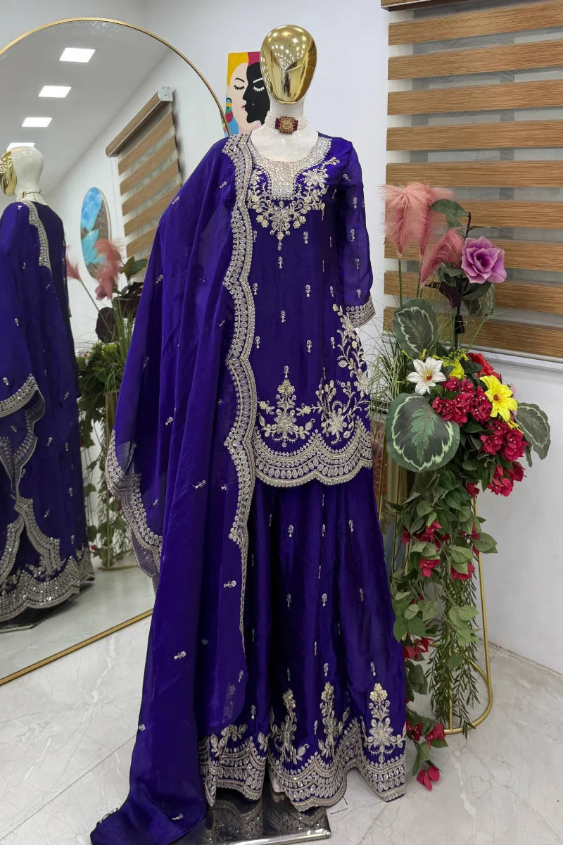 Dark Blue Fendy Silk Embroidered Palazzo Suit