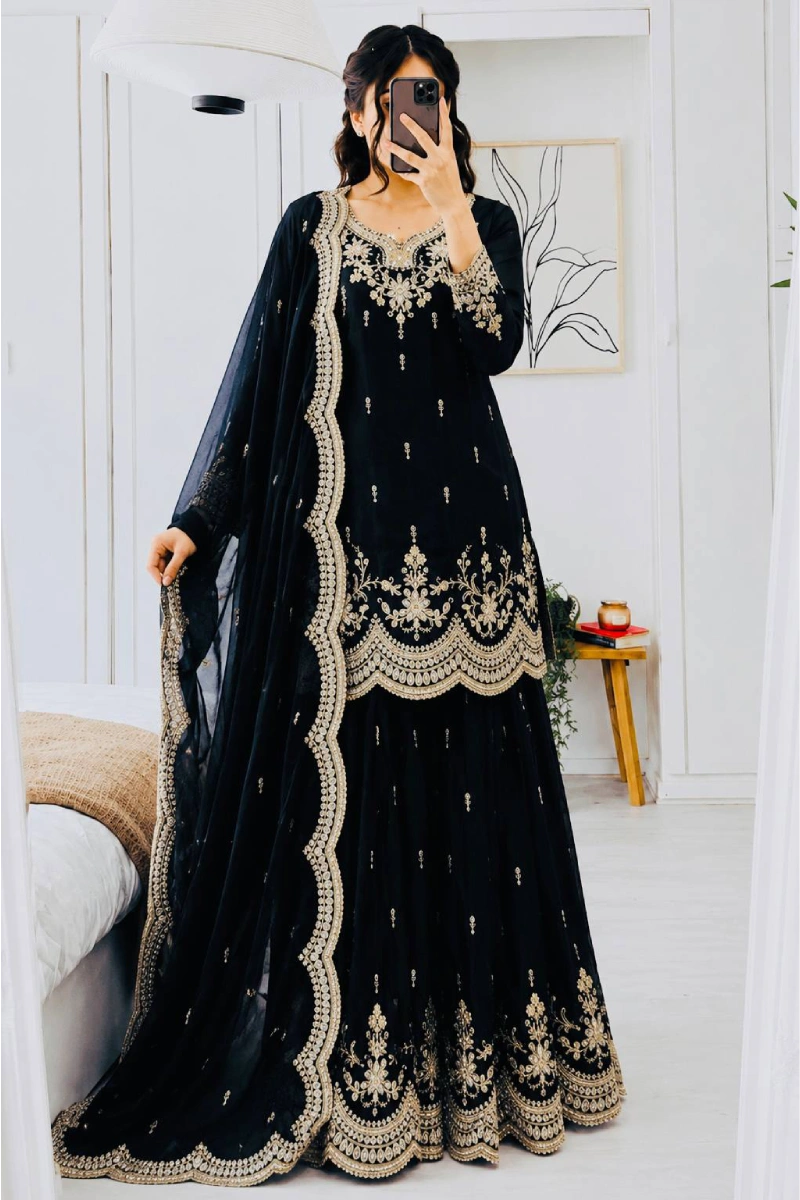 Black Fendy Silk Embroidered Palazzo Suit