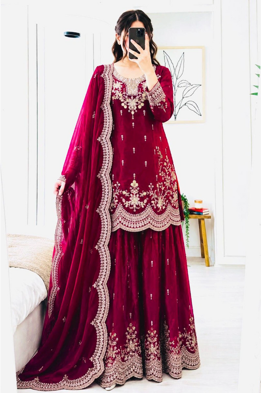 Cherry Red Fendy Silk Embroidered Palazzo Suit