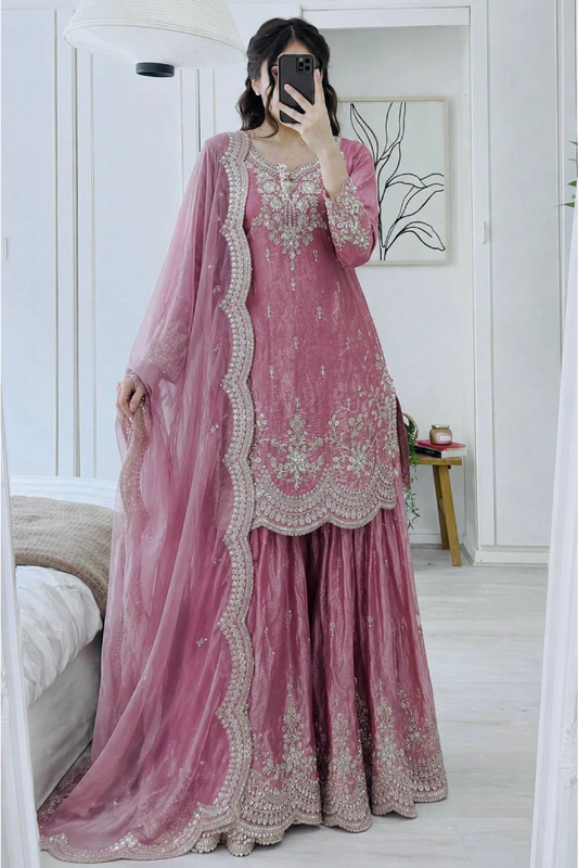 Pink Fendy Silk Embroidered Palazzo Suit