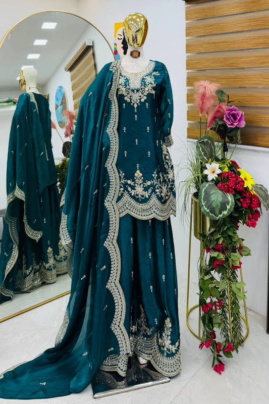 Green Fendy Silk Embroidered Palazzo Suit