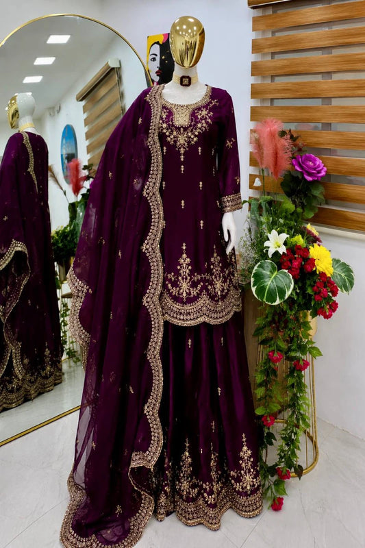 Wine Fendy Silk Embroidered Palazzo Suit