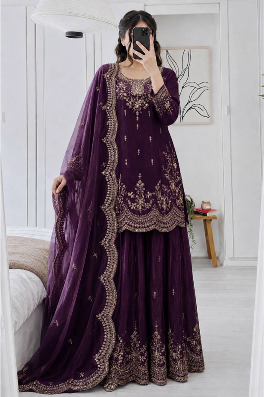 Wine Fendy Silk Embroidered Palazzo Suit