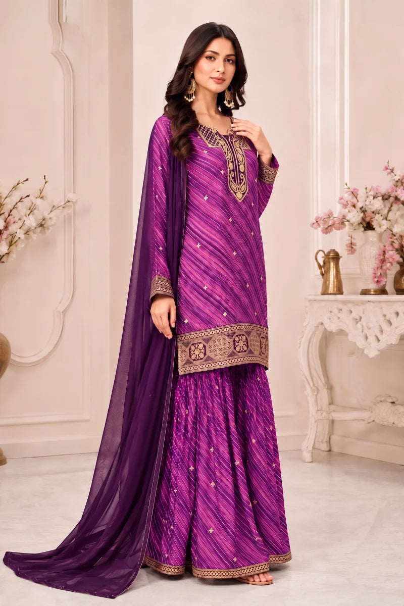 Purple Leheriya Georgette Embroidered Palazzo Suit