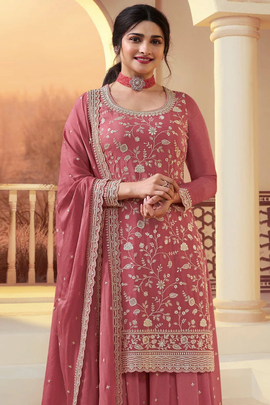 Peach Chinon Heavy Embroidered Palazzo Suit