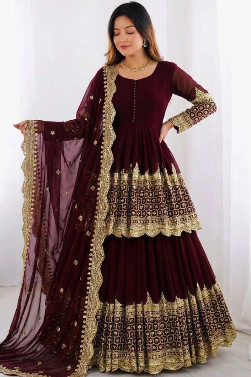 Maroon Embroidered Georgette Palazzo Suit
