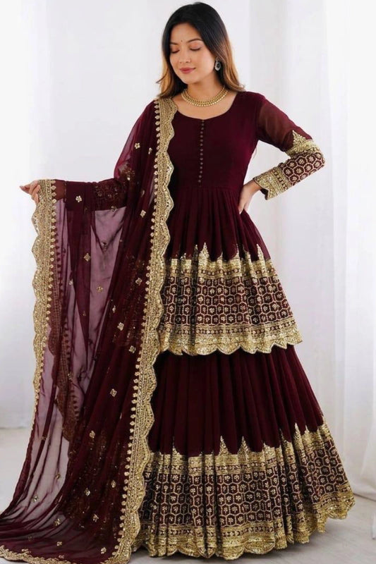 Maroon Embroidered Georgette Palazzo Suit