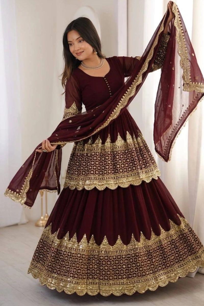 Maroon Embroidered Georgette Skirt Suit Set
