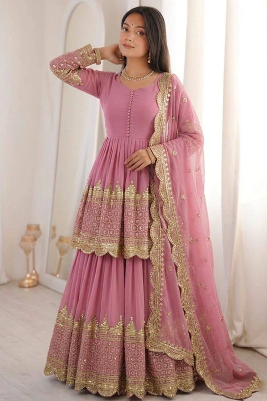 Pink Embroidered Georgette Palazzo Suit