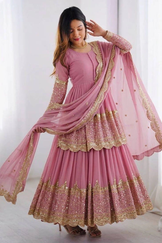 Pink Embroidered Georgette Skirt Suit Set