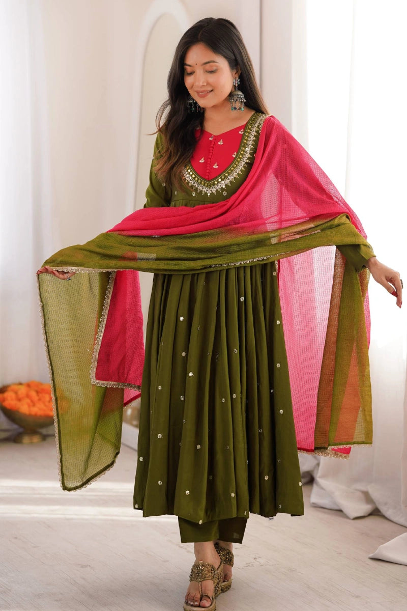 Mehendi Green Roman Silk Embroidered Anarkali Suit