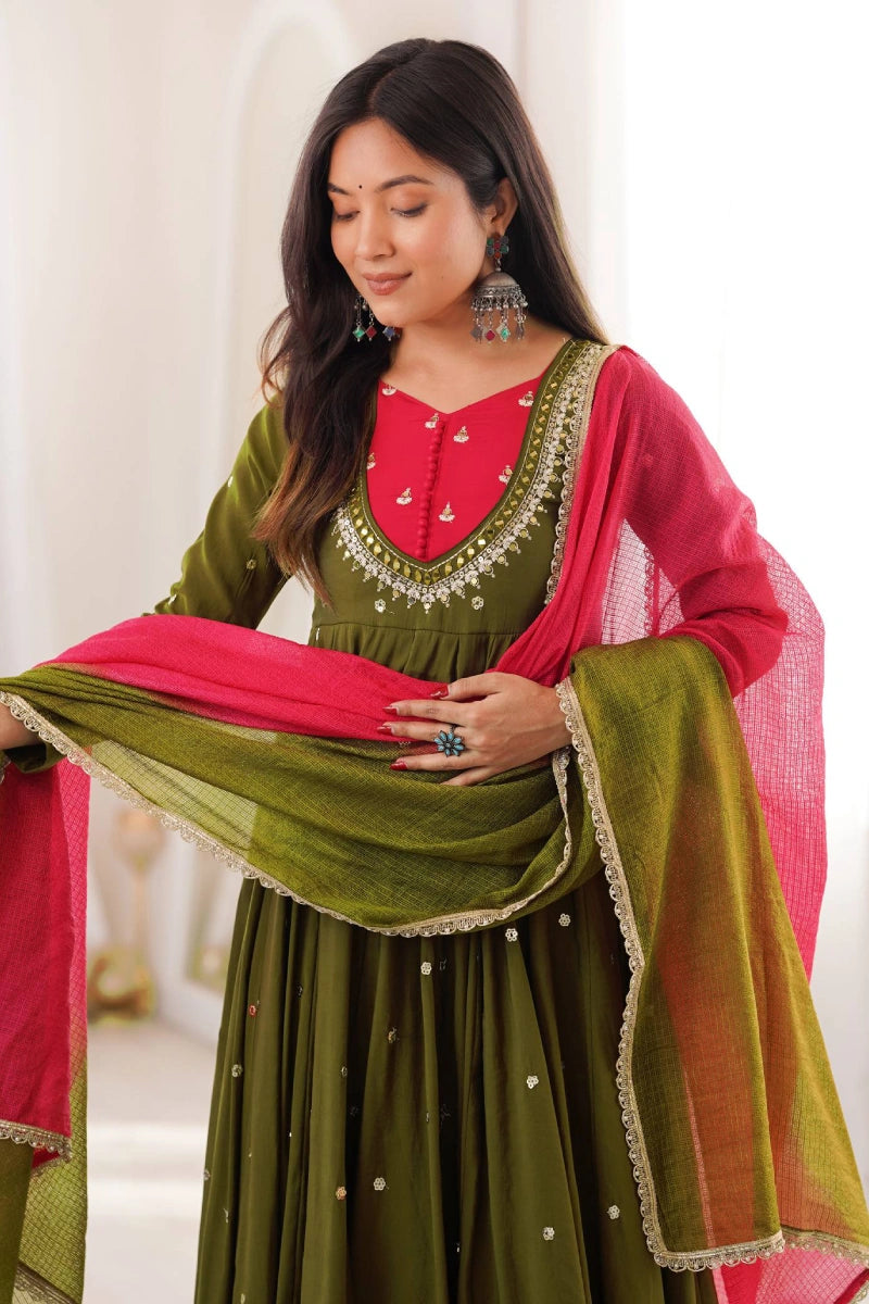 Mehendi Green Roman Silk Embroidered Anarkali Suit