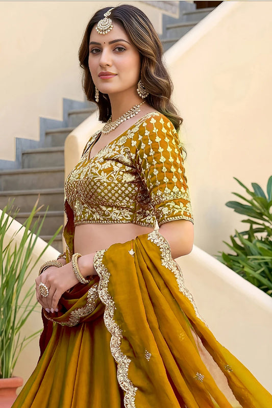 Mustard Rangoli Silk Embroidered Lehenga Choli