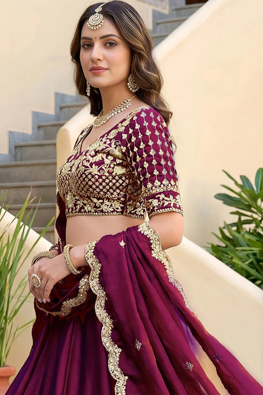 Wine Rangoli Silk Embroidered Lehenga Choli