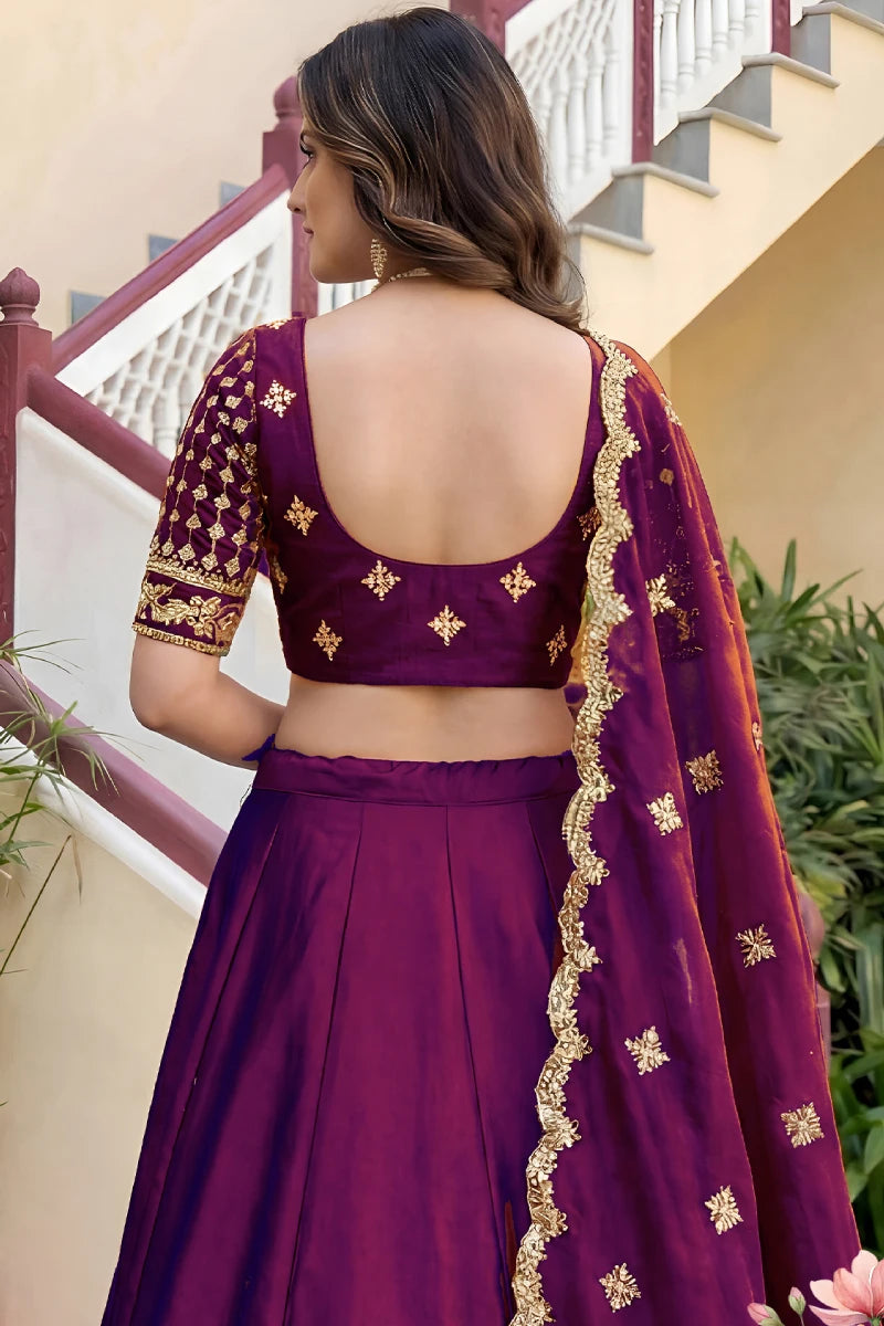 Wine Rangoli Silk Embroidered Lehenga Choli