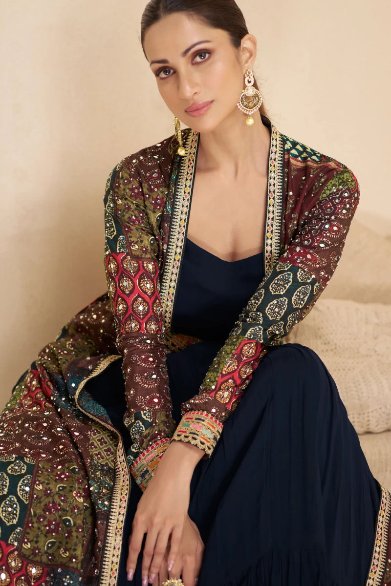 Navy Blue Georgette Anarkali Gown with Crepe Jacket