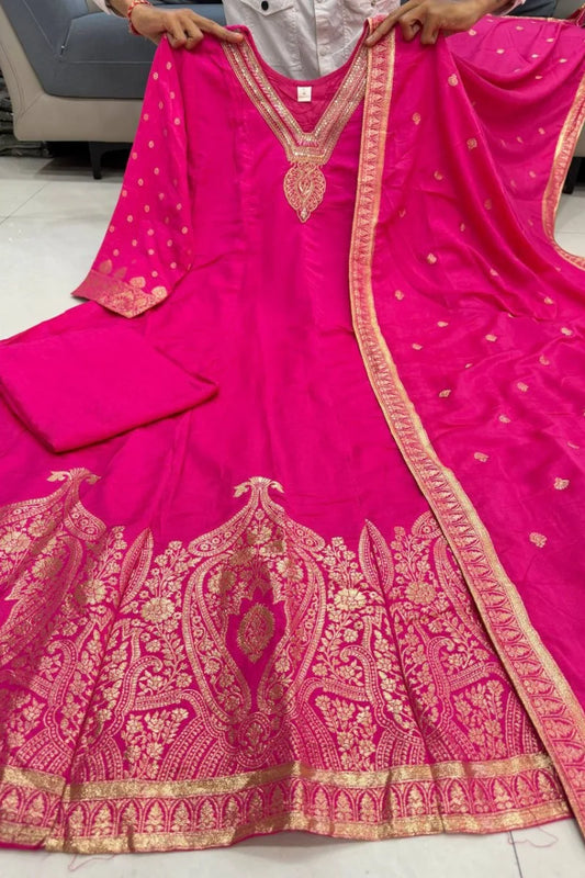 Pink Banarasi Silk Anrakali Suit