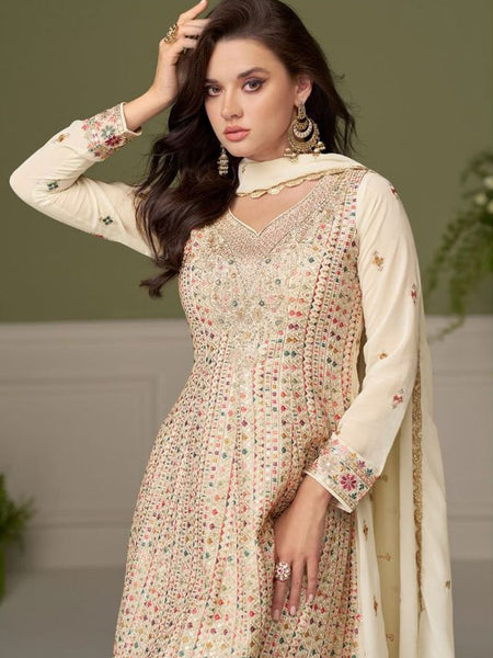 Cream Embroidery Real Georgette Salwar Suit