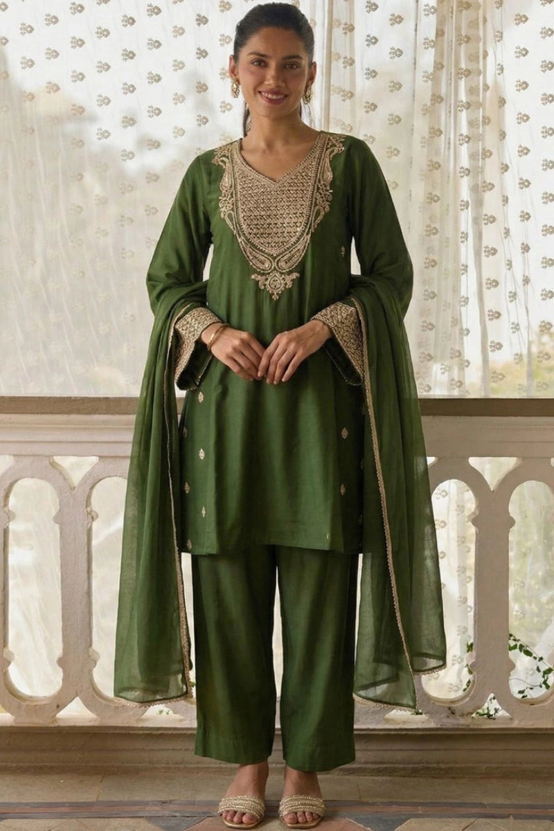 Green Cotton Silk Embroidered Salwar Suit
