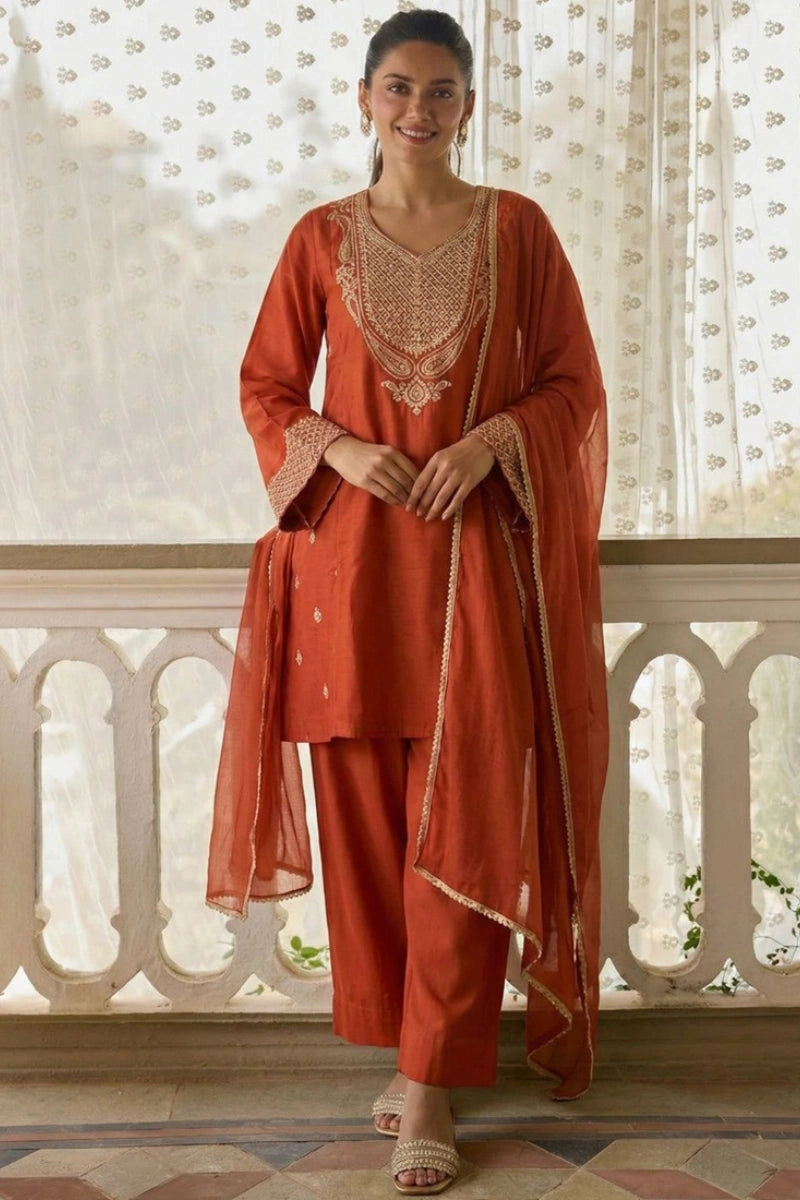 Orange Cotton Silk Embroidered Salwar Suit