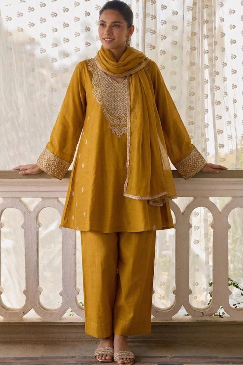 Yellow Cotton Silk Embroidered Salwar Suit